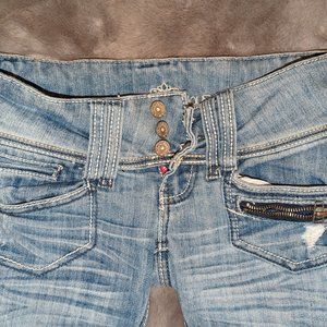 Ladies Almost Famous Blue Jeans Flap Pockets Embroidered Size 1